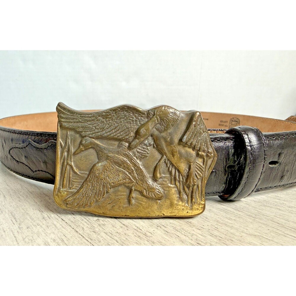 Vintage Brass Wildlife Belt Buckle Flying Mallard Ducks Marsh Wetlands Western
